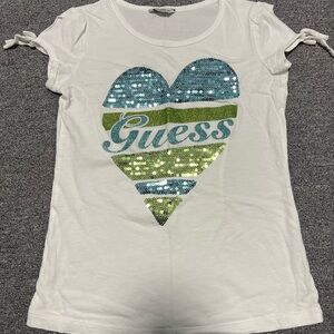 Guess White Tee with Blue and Green Sequin Heart
